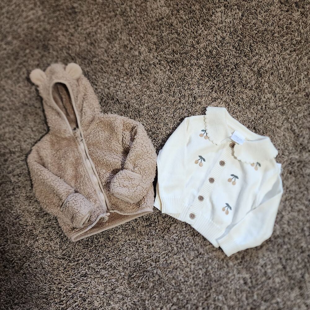 Quince Baby Lot Of Two Cherry Knit Cardigan Fleece Bear Ear Hoodie Jacket 12M